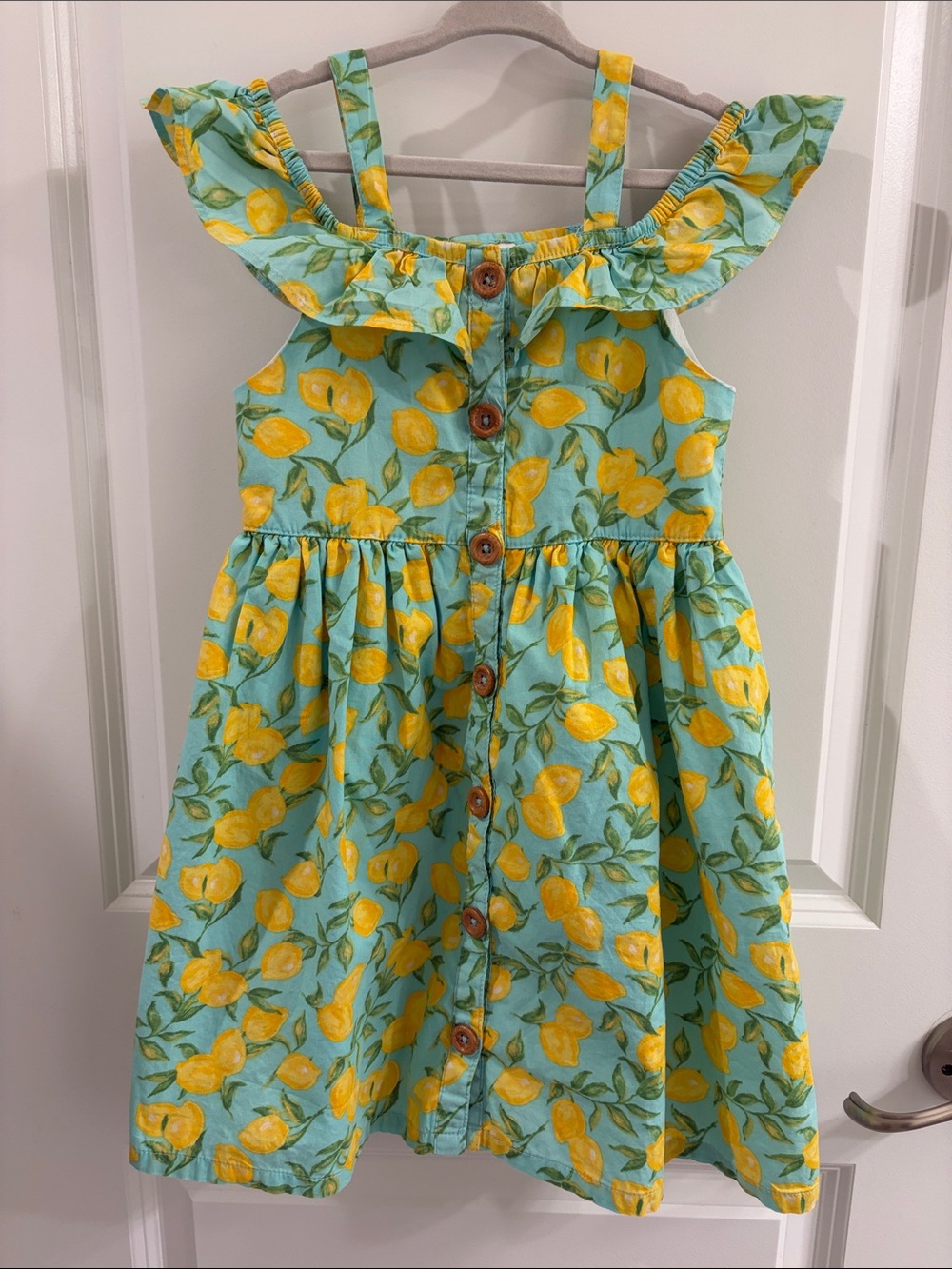 Girls Lemon Print Ruffle Strap Sundress - Aqua & Yellow